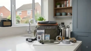 Essential items inside a family emergency preparedness kit, highlighting safe drinking water solutions for UK homes.