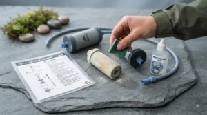 Visual representation of water flow rate showing a camping pump water filter purifying multiple litres quickly for group hydration.