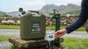 Filling a 10-litre water carrier from an outdoor campsite tap.