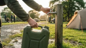 Camper filling a portable water carrier for camping from a British campsite tap.