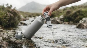 Scooping natural water from a Scottish burn using a filter bottle for backpacking.
