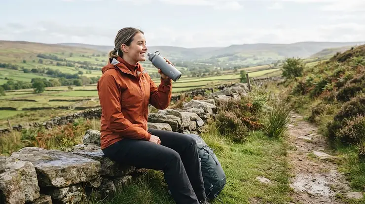 A hiker using a filter bottle for backpacking beside a stream in the British countryside. filter bottle for backpacking