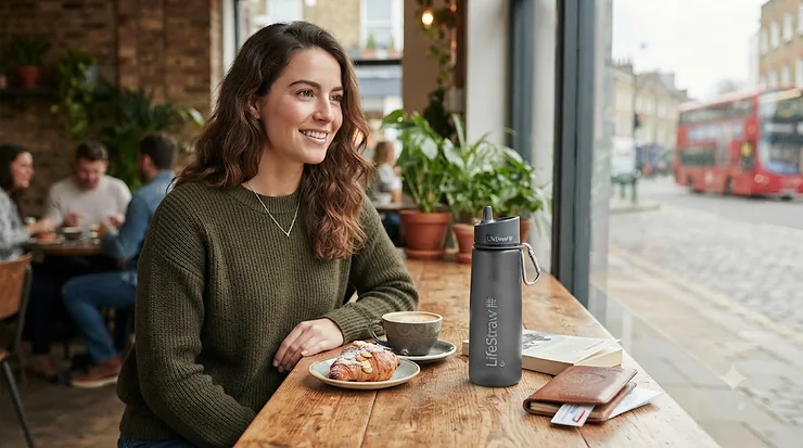 A lightweight travel water bottle with a built-in purification filter sitting on a wooden table, ready for a UK holiday. filter water bottle for international travel