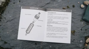 Clear drinking water pouring from a lightweight pump water filter into a reusable bottle