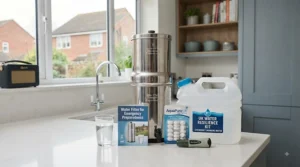Gravity-fed water filter system included in a UK household emergency kit for reliable off-grid water purification.