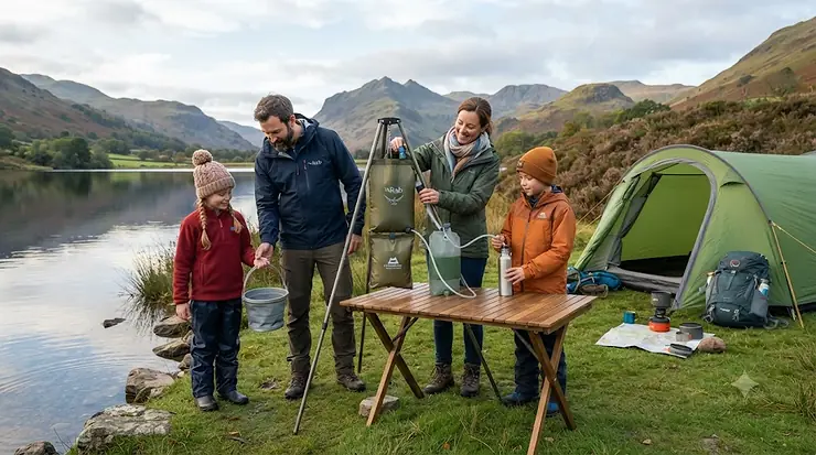 A family setting up a gravity water filter at a scenic British campsite by a lake. gravity water filter for family camping