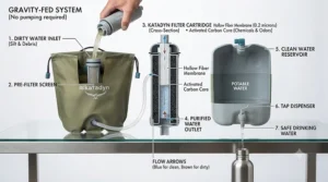 Step-by-step diagram illustrating how a gravity water filtration system works for camping.