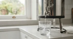 Water flowing from the stainless steel tap of a gravity-fed water filtration system into a glass tumbler.