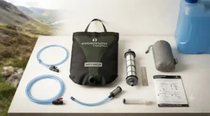 Components of a gravity water filter system for large groups, including the dirty water bag and hollow-fibre filter.