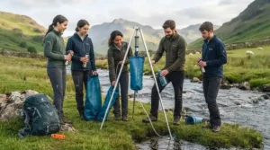 Scout group members filling multiple water bottles simultaneously using a high-capacity pump water filter.