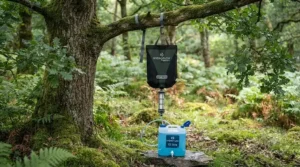 Portable gravity water filter for large groups hanging from a tree branch for hands-free outdoor filtration.