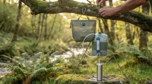 Gravity water filter system suspended from a sturdy tree branch at a woodland campsite.