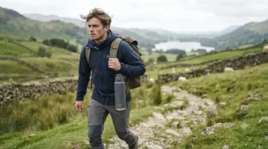 Rugged leak-proof sports bottle attached to the side of a backpack during a weekend hike in the British countryside.
