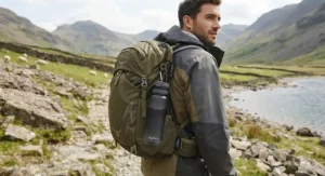 Lightweight water filter bottle packed for a weekend hiking trip in the British countryside.