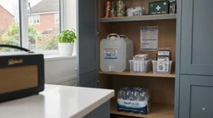 Organised household utility cupboard featuring rotated emergency water supplies and filtration equipment.