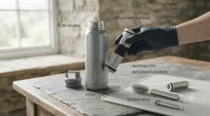 Hands demonstrating how to maintain and clean a filter bottle for backpacking.