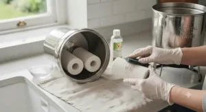 Step-by-step illustration demonstrating how to properly maintain and scrub ceramic filter elements for a gravity water system.