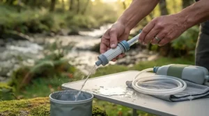 Demonstrating how to backflush and clean a portable water filter on a camping table.