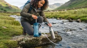 Step-by-step demonstration of pumping water from a natural source during a multi-day group trek.