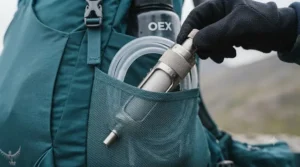 Close-up demonstration of manual pumping action using a lightweight pump water filter