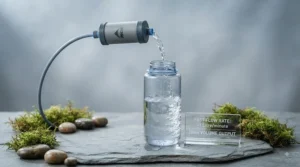 Close-up of hands operating a manual pump water filter for camping to fill a reusable water bottle on a wild camping trip.