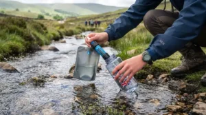 Step-by-step illustration showing how to attach a hollow-fibre squeeze water filter to a hydration pouch for a DofE expedition.