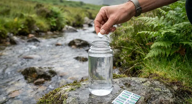 Step-by-step graphic demonstrating how to drop a purification tablet into a reusable water bottle for safe drinking water on outdoor trips. water purification tablets under £15