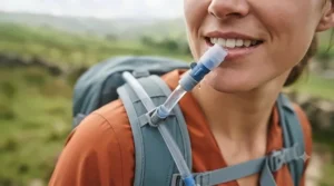 Close-up of a bite valve and water bladder hose on a high-performance hydration system.