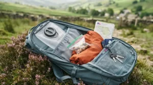 Interior compartments of a lightweight daypack showing space for waterproofs, snacks, and gear.