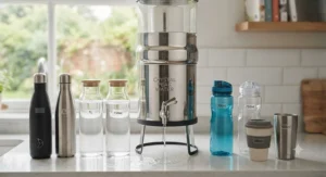 Large-capacity gravity water filter next to multiple reusable water bottles to illustrate its high volume storage.