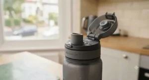 Detailed view of a secure, leak-proof cap on an affordable filtered water bottle.