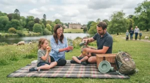 A family day out at a park featuring a lightweight collapsible water bottle in a picnic basket.