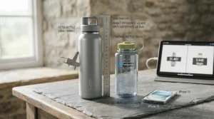 Lightweight filter bottle for backpacking packed alongside standard rucksack essentials.