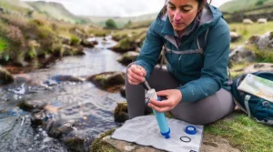 A lightweight portable water filter packed neatly next to a passport and travel gear for global backpacking trips.