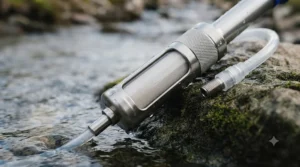 All components of a portable lightweight pump water filter laid out, including hoses and pre-filter