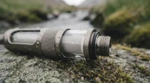 Lightweight pump water filter displayed alongside UK hiking and emergency preparedness gear