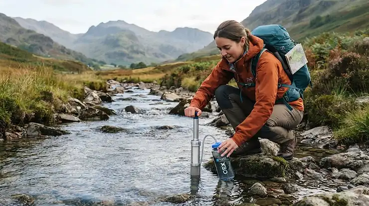 Hiker using a lightweight pump water filter to purify clear stream water in a British national park lightweight pump water filter
