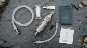 Wild camping setup near a remote freshwater stream with a lightweight pump water filter ready for use