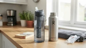An international travel water bottle packed neatly into the side pocket of a modern backpack for a long-haul flight.