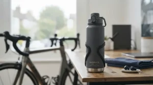 Sleek leak-proof sports bottle placed on a home office desk alongside a laptop and a cycle helmet to support daily hydration.