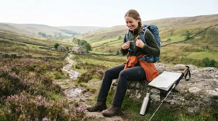 Osprey hydration pack worn by a hiker on a rugged British moorland trail, showcasing its ergonomic design and water reservoir capacity. Osprey hydration pack