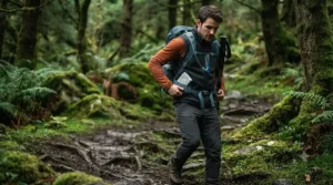 Osprey walking hydration pack packed for a day hike in the Peak District, featuring compression straps and trekking pole attachments.