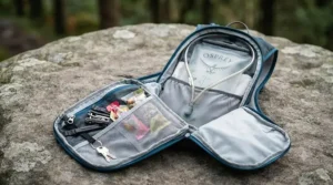 Open compartments and tool organisation pockets inside an Osprey hydration pack for carrying bike maintenance gear and snacks.
