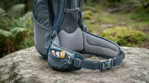 Padded hip belt and lumbar wrap on an Osprey hydration pack designed to provide a stable, bounce-free fit over rough terrain.