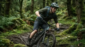 Cyclist navigating a muddy singletrack trail in a UK forest while wearing a slimline Osprey mountain bike hydration pack.