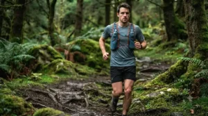 Runner wearing an Osprey lightweight running hydration vest complete with soft flasks on a cross-country trail route.