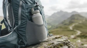 A filter bottle for backpacking stored securely in the side pocket of a walking rucksack.