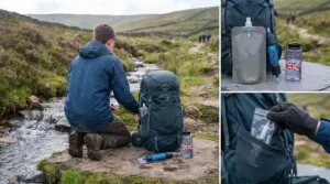 Cutaway view of a 65-litre DofE rucksack highlighting where to pack a lightweight water filter for easy access.
