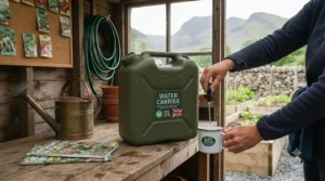 Person holding the sturdy handle of a portable 10-litre water carrier.