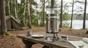 Portable high-capacity gravity water filter set up on a wooden table at a campsite for off-grid drinking water.